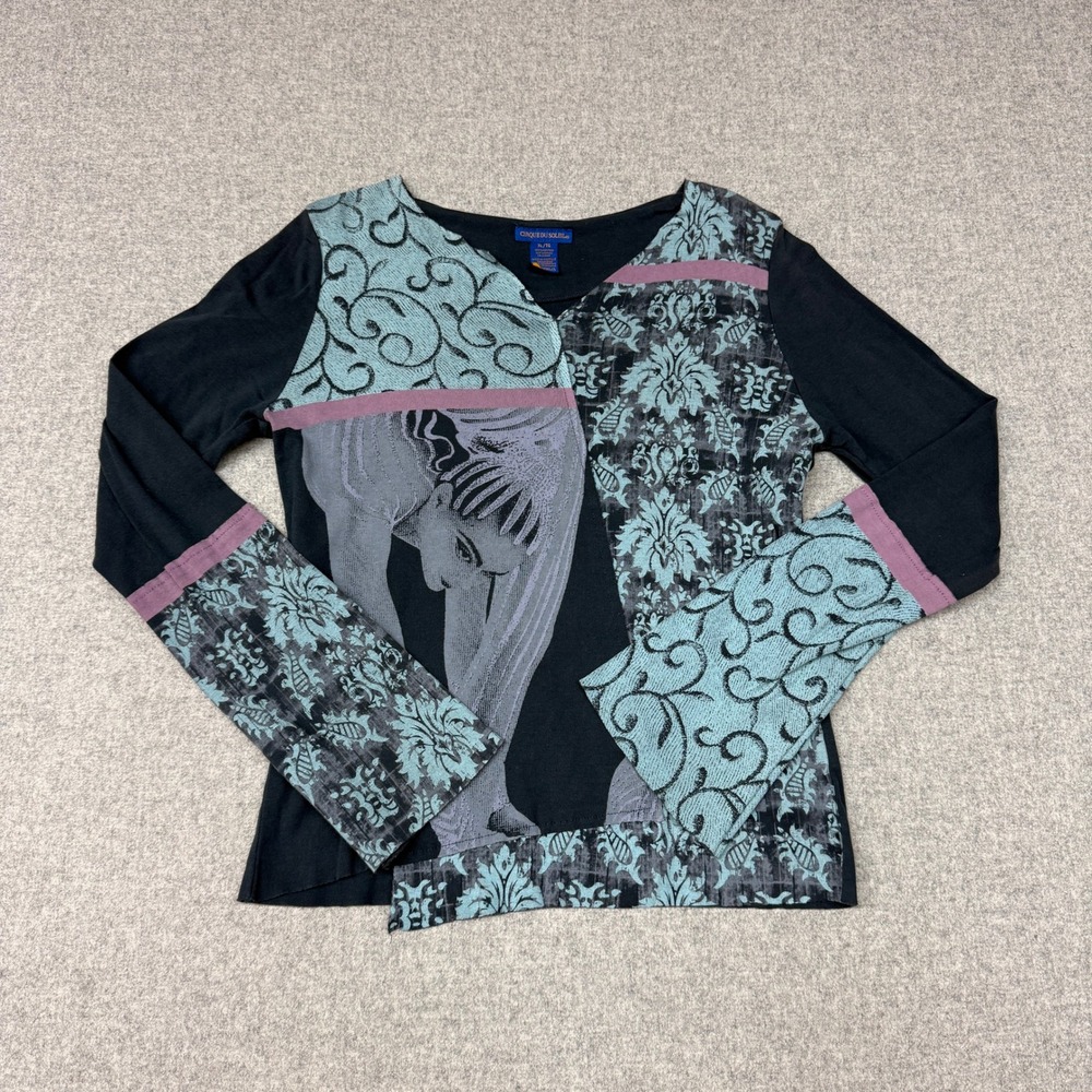 Cirque Du Soleil Top XL Black Teal Patchwork Graphic Damask Long Sleeve Cotton